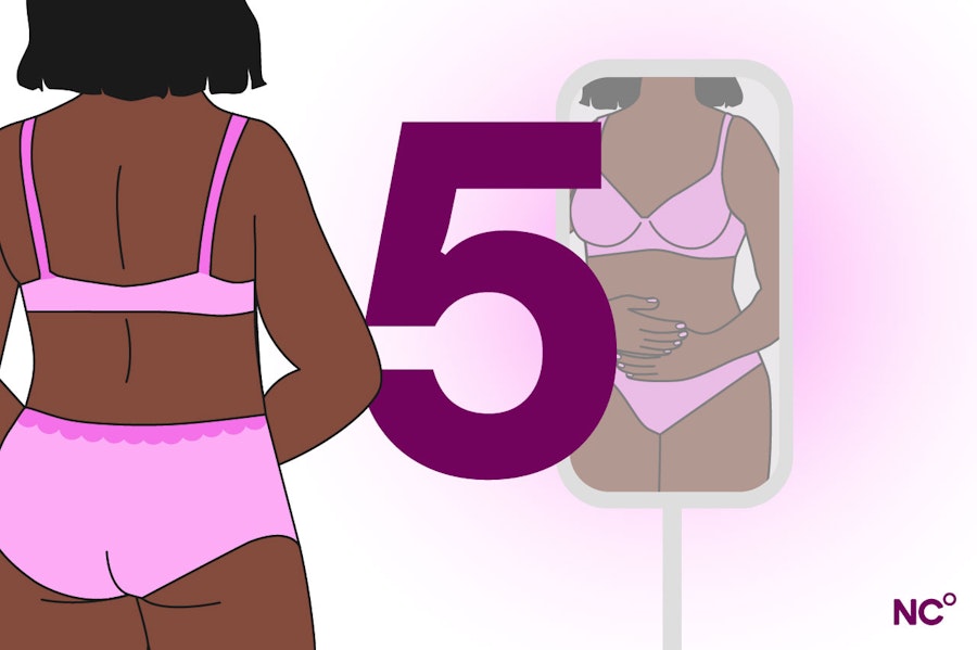 Illustration of a woman in her underwear standing in front of a mirror holding her stomach next to the number 5