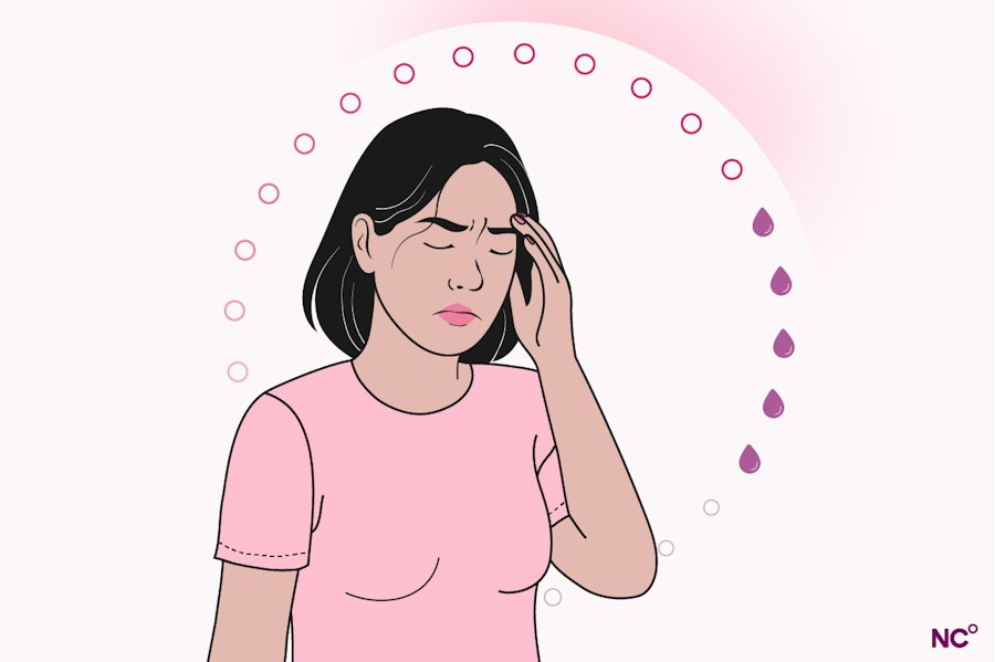 Illustration of a representation of the luteal phase showing a woman touching her head in pain