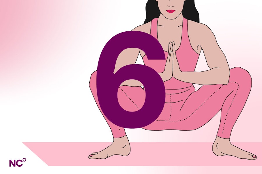 Woman doing a yoga squat next to the number 6