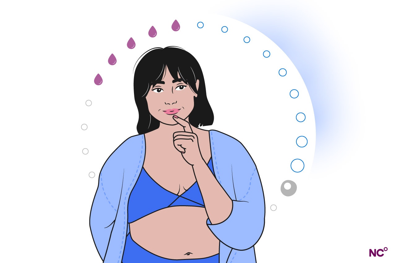 Illustration of a woman in her underwear standing before a representation of the menstrual cycle