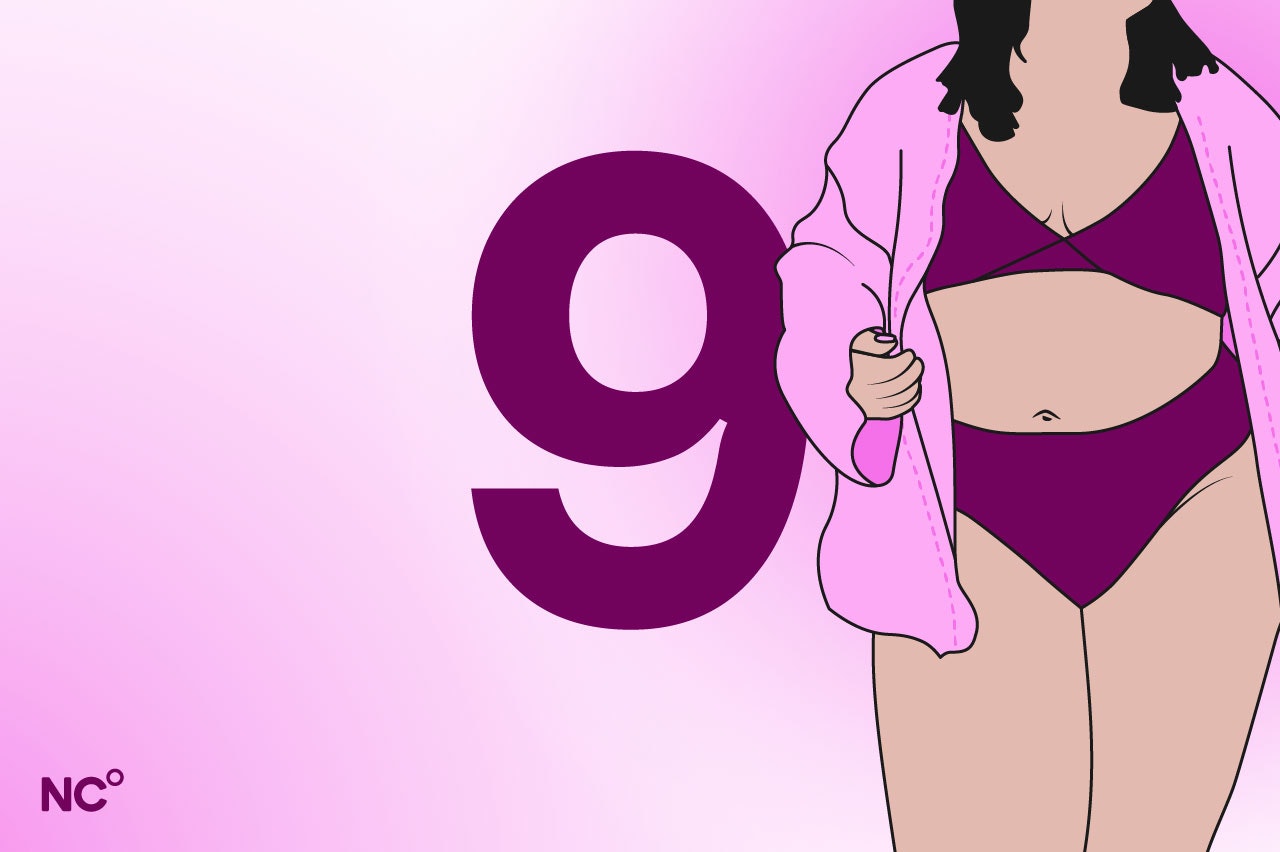 Illustration of a pregnant woman in her underwear next to the number 9