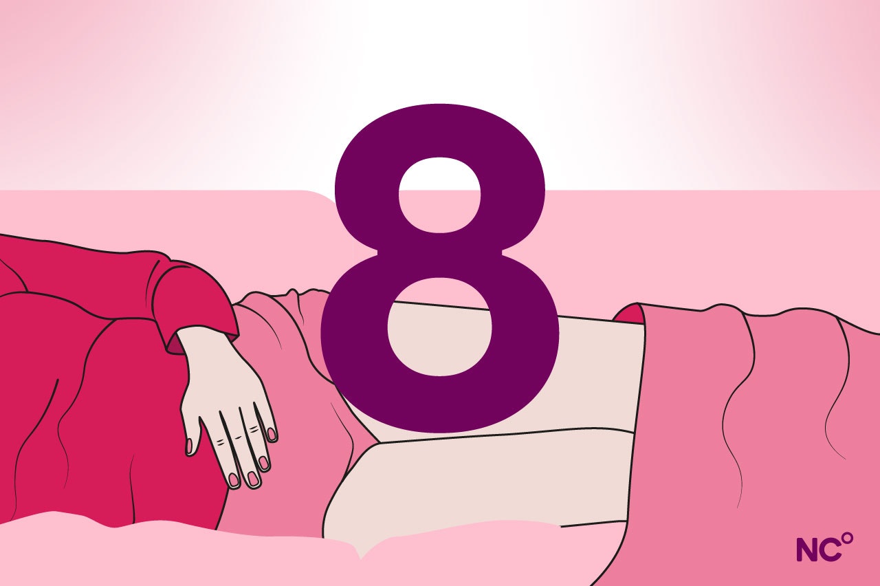 Illustration of a person lying on their side on the couch holding a small bump on their belly next to the number 8
