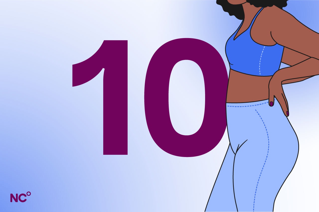 Illustration of a woman in early pregnancy wearing blue workout clothes next to the number 10