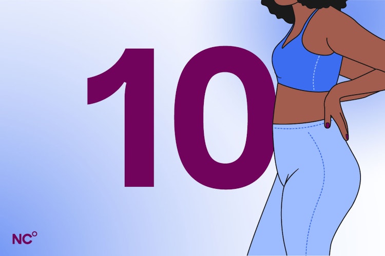 Illustration of a woman in early pregnancy wearing blue workout clothes next to the number 10