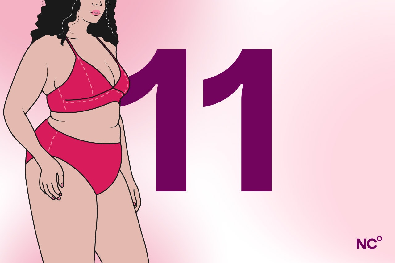 Illustration of a pregnant woman in her underwear next to the number 11