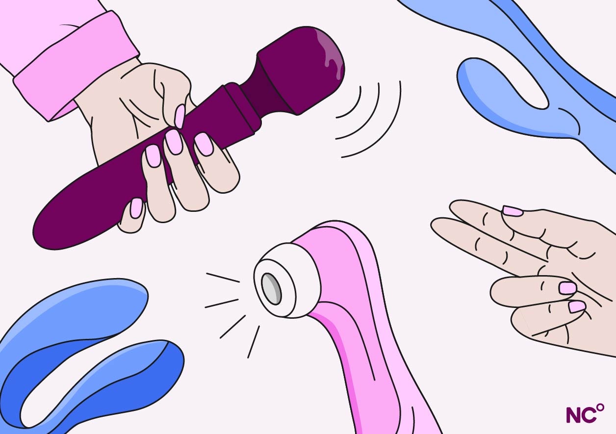 Illustration of hands and various sex toys