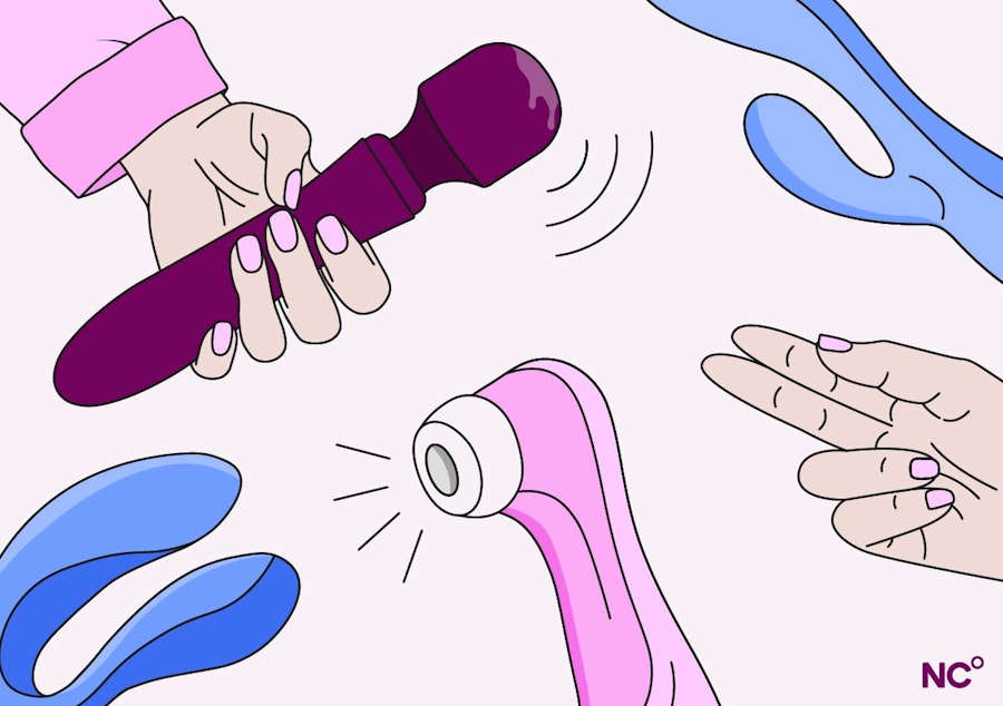Illustration of hands and various sex toys