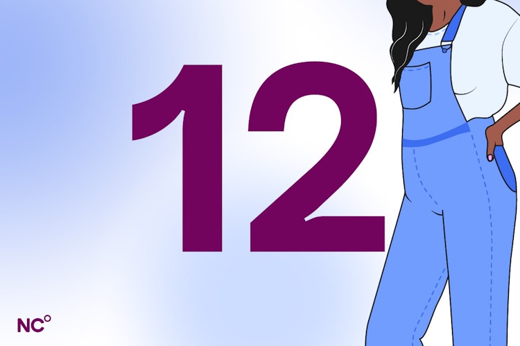 Illustration of a pregnant woman wearing dungarees next to the number 12