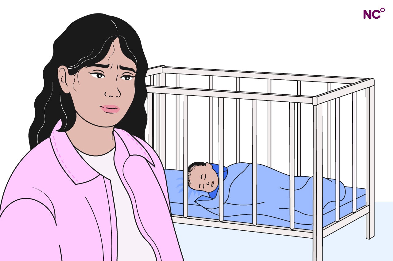 Illustration of a woman standing in front of a crib with a sleeping baby and looking worried