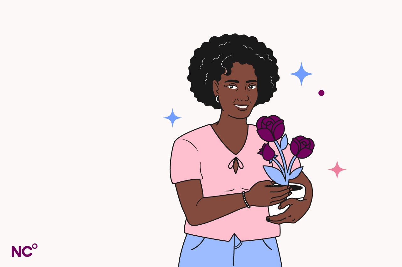 Illustration of a woman holding a flower pot with roses in it