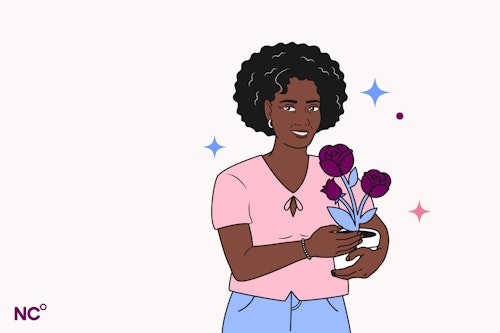 Illustration of a woman holding a flower pot with roses in it