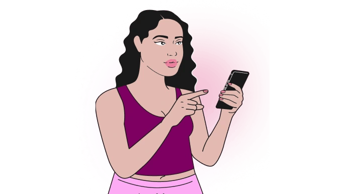 illustration of a woman with dark hair holding a phone and pointing her finger towards the screen