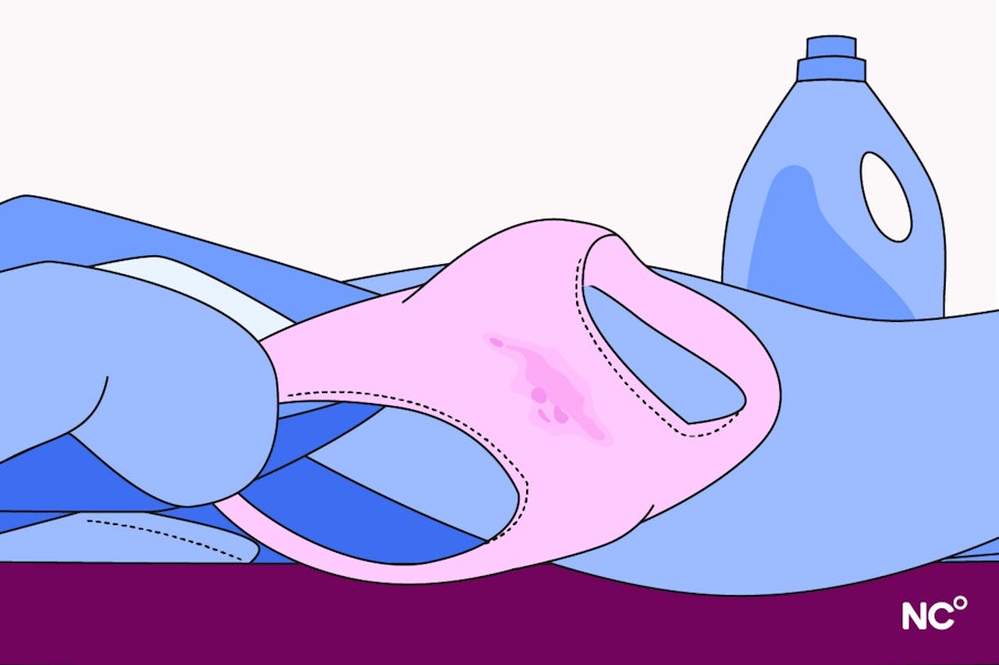 Illustration of some dirty laundry with clear discharge shown in the gusset of a pair of pink panties