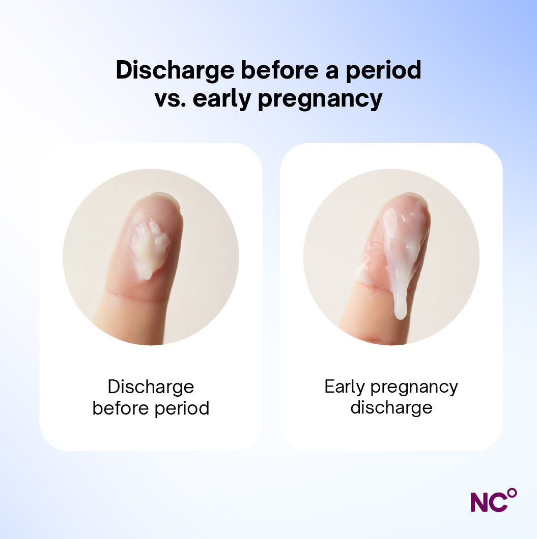 Infographic showing the difference between discharge before period vs discharge in early pregnancy