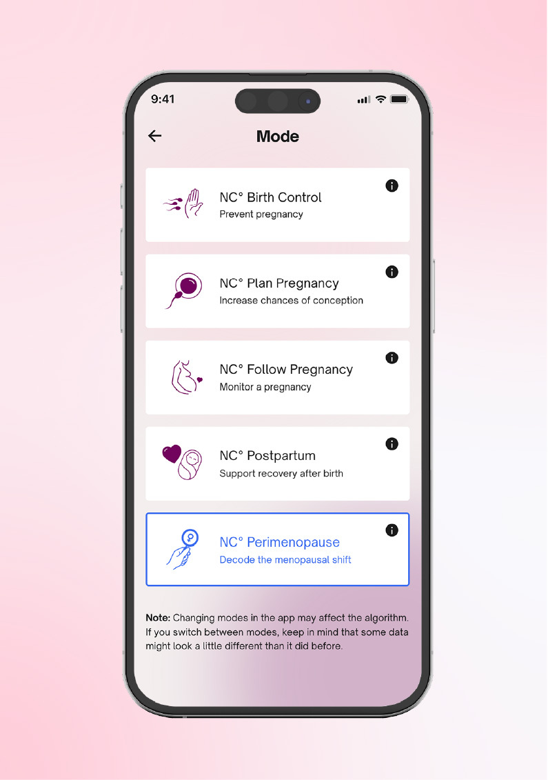 Phone showing the 'goals' screen in the Natural Cycles app where you can select between NC° Birth Control, NC° Plan Pregnancy, NC° Follow Pregnancy, NC° Postpartum and NC° Perimenopause