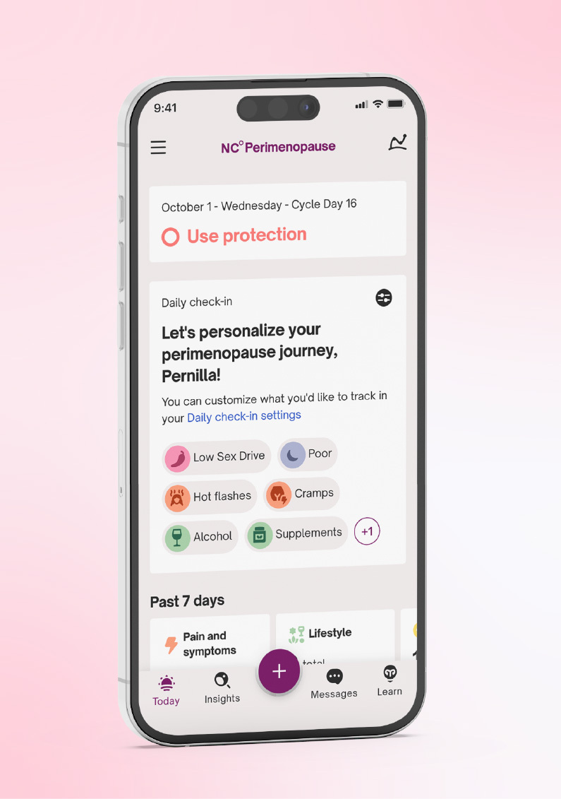 App screen showing fertility status: use protection and promt to add symptoms such as low sex drive and poor sleep