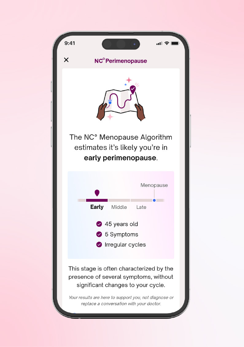 App screen showing the NC° Perimenopause Assesment showing the user is in early perimenopause, is aged 45 and experiences some symptoms