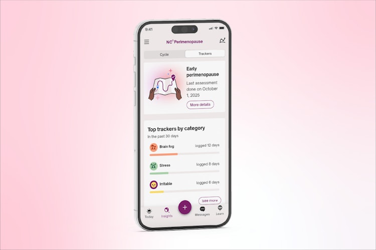 Phone shown on a pink background showing the Natural Cycles app and the perimenopause assesment with the text 'Early perimenopause' shown at the top. Underneath there are some tracked symptoms: brain fog, stress, irritable