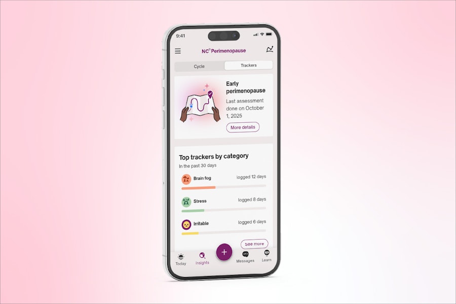 Phone shown on a pink background showing the Natural Cycles app and the perimenopause assesment with the text 'Early perimenopause' shown at the top. Underneath there are some tracked symptoms: brain fog, stress, irritable