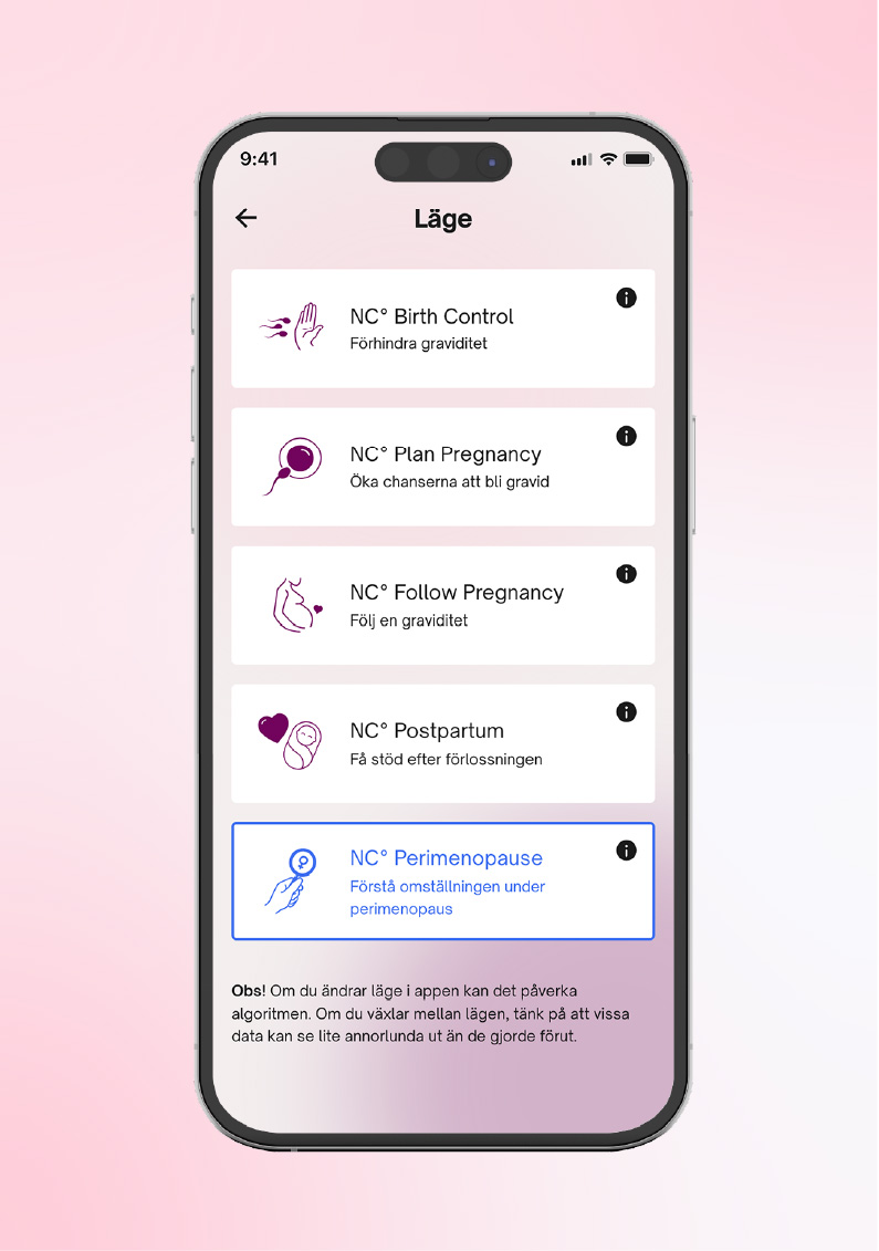 Telefon som visar NC°-appen på sidan där man väljer appläge