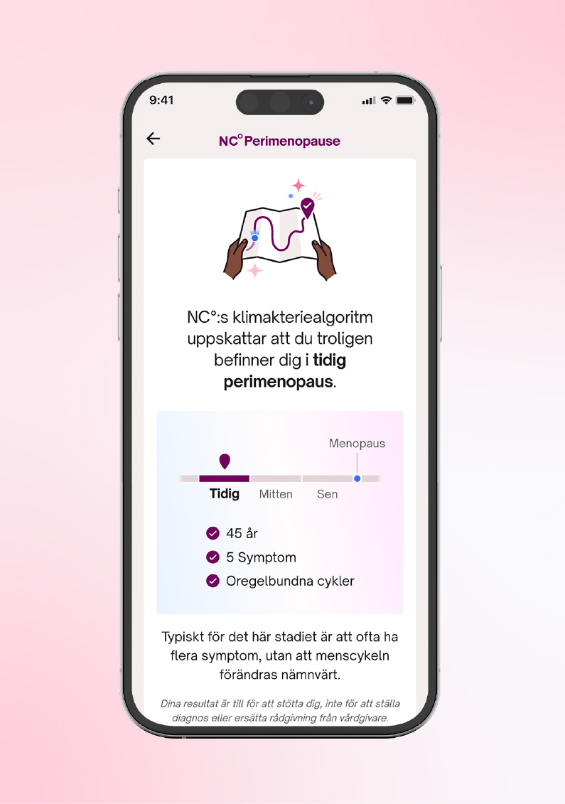 Telefon med NC° Perimenopause på skärmen där perimenopausbedömningen syns