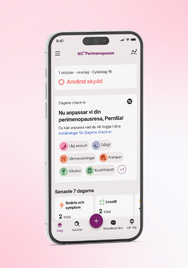 Telefon med NC° Perimenopause på skärmen med dagens check-in