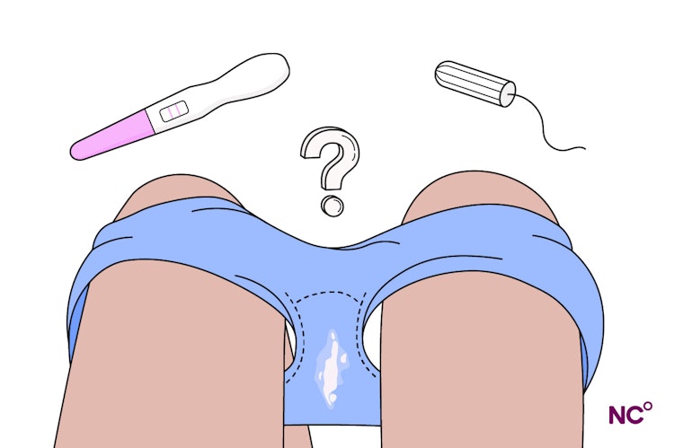 Illustration of a white discharge in a pair of underwear with a question mark and a tampon and a positive pregnancy test nearby