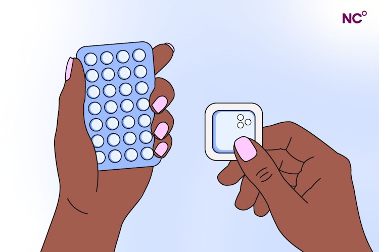 Illustration of a pair of hands holding a packet of birth control pills in the left hand a contraceptive patch in the other