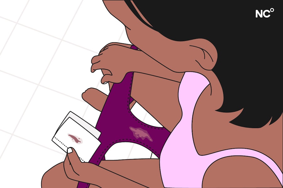 Illustration of a woman on the toilet with brown discharge in her underwear and on a piece of toilet paper that she is holding