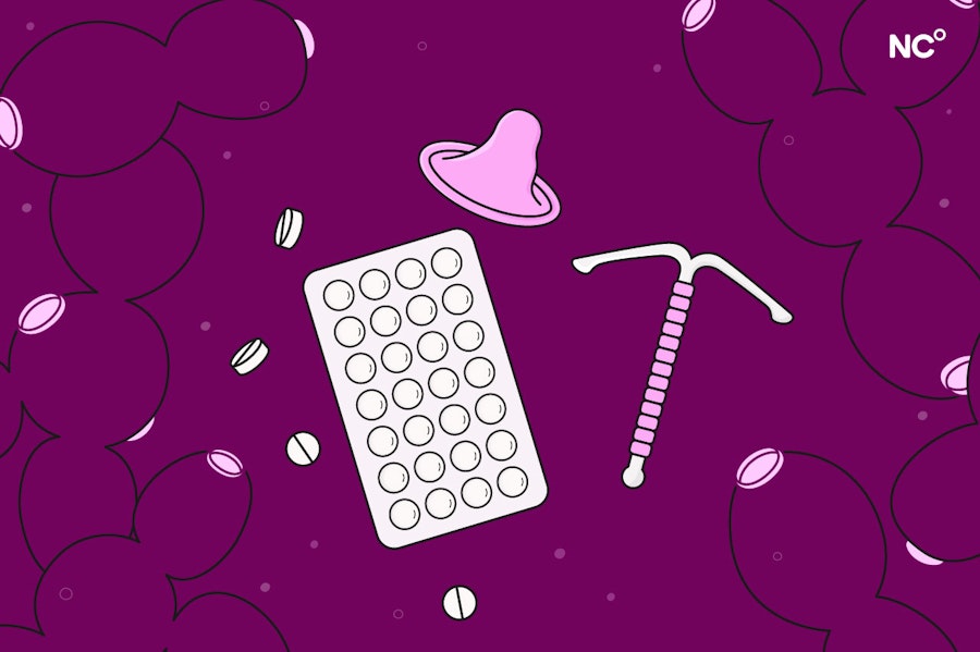 Ilustration of some fungal shapes floating around with a condom, a packet of birth control pills and an IUD