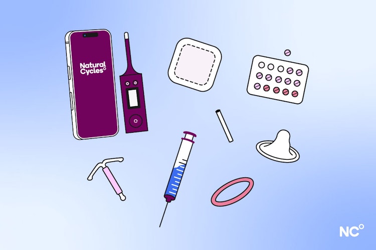 Illustration of many different birth control methods floating on a blue background: Natural Cycles app and thermometer, birth control patch, pills, IUD. condom., vaginal ring, injection and IUD are all shown