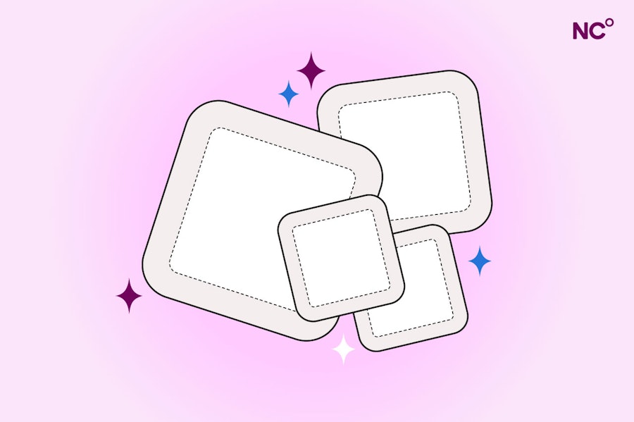 Illustration of three birth control patches on a purple backgrounf with some blue and darker purple sparkles