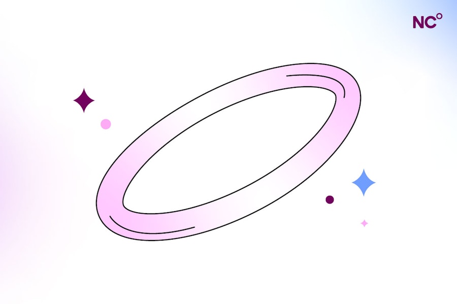 Illustration of a vaginal ring floating on a gradient background with some purple and pink stars