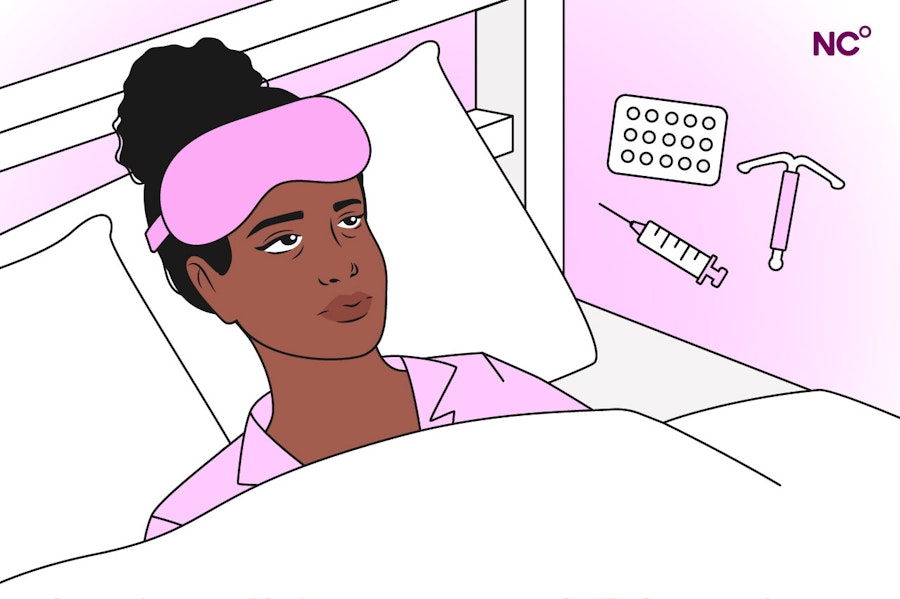Illustration of a woman lying in bed with an eye mask pushed above her eyes. Beside her floats several types of hormonal birth control: pills, IUD and injection.