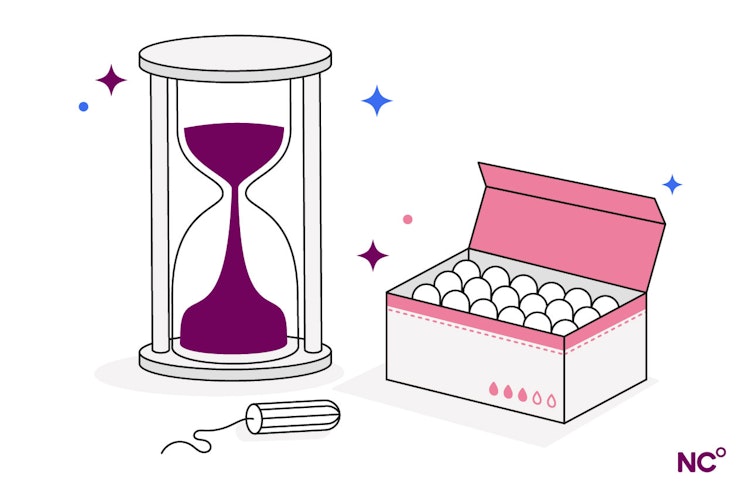 Illustration of an hour glass and an open box of tampons