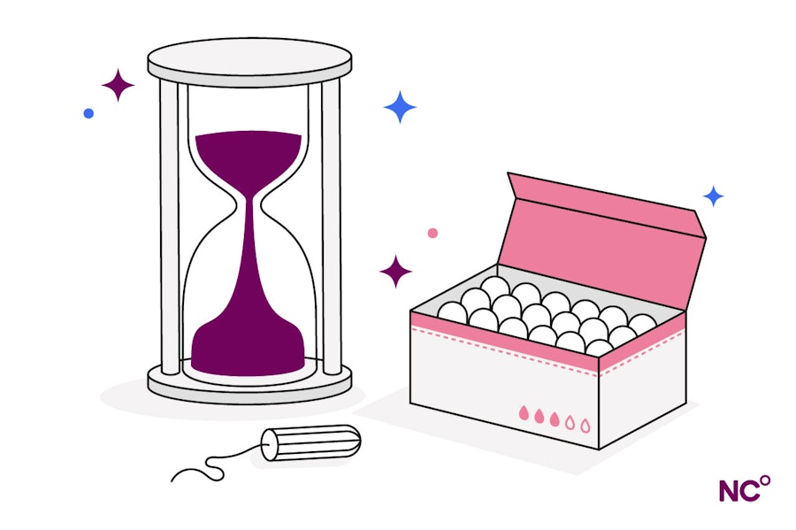 Illustration of an hour glass and an open box of tampons