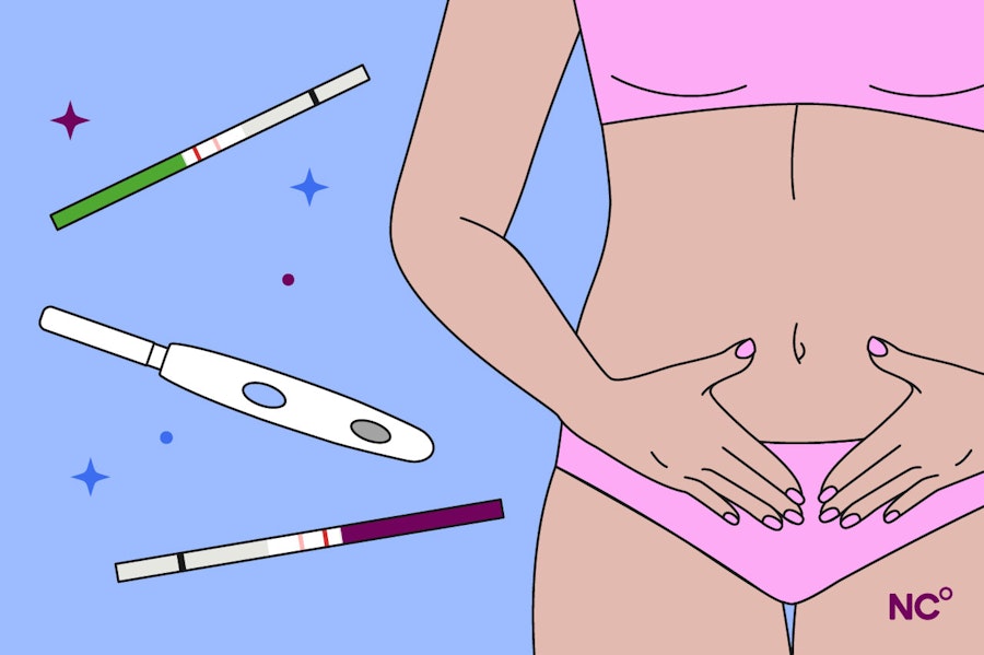 Illustration of a woman holding her stomach next to floating ovulation and pregnancy tests