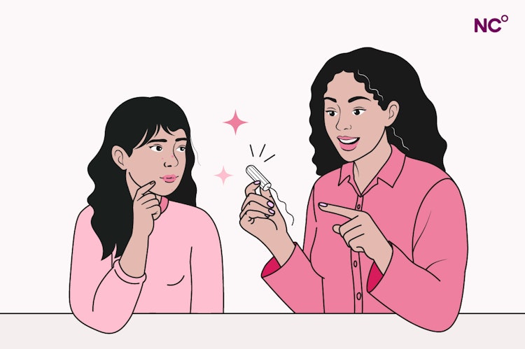 Illustration of a mother and daughter talking, the mother smiles while holding a tampon