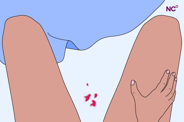 Illustraton of a pair of legs on the bed with blood on the sheets