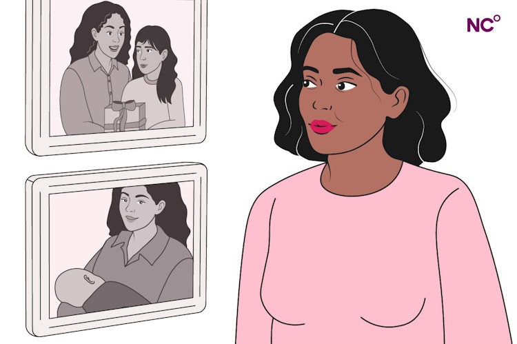 Illustration of a woman looking at phorographs on the wall of her female family