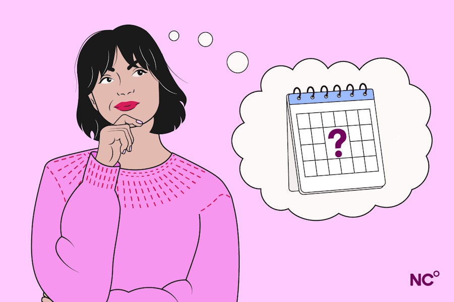Illustration of a woman with dark hair in a pink jumper thinking of a calendar with a question mark on it