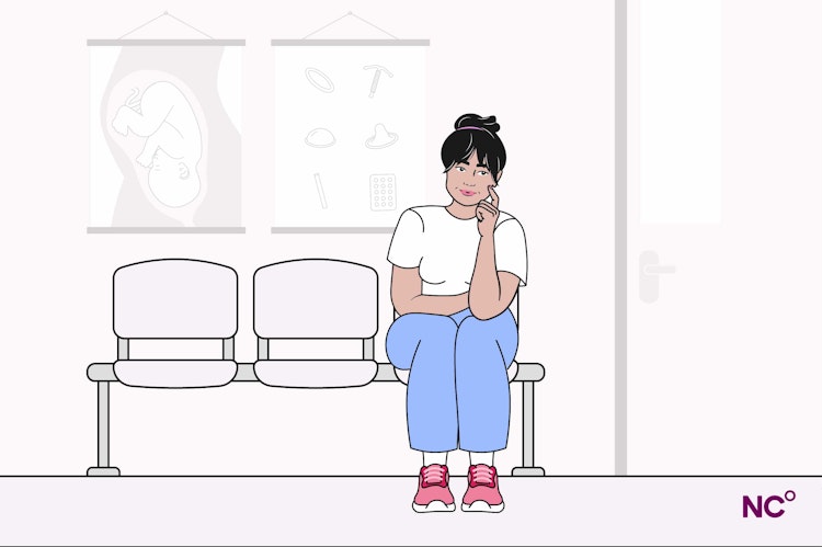 Illustration of a woman sitting in a doctor's office looking pensive