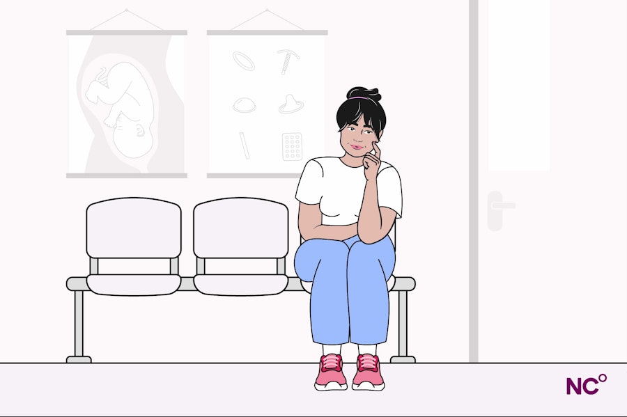 Illustration of a woman sitting in a doctor's office looking pensive