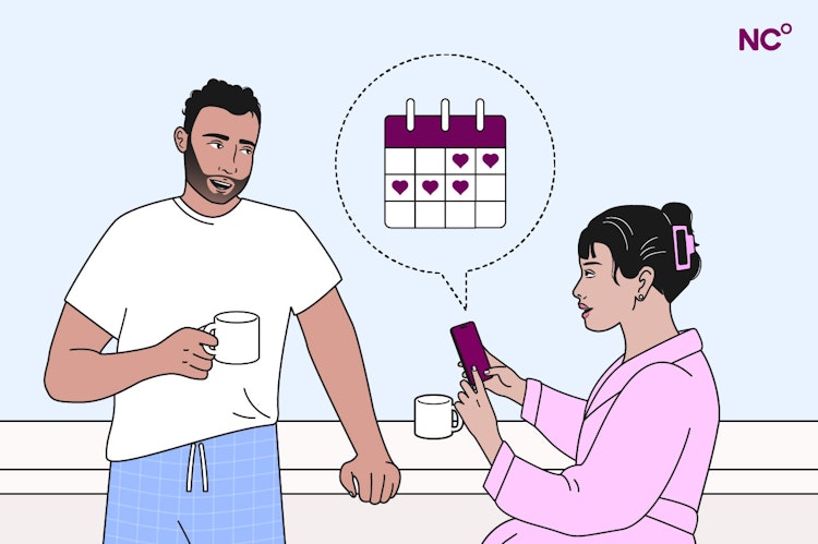 Illustration of a man and a woman chatting, the woman has a speach bubble showing a calendar with love hearts marked on a number of days.