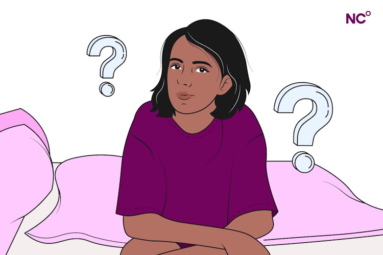 Illustration of a woman sitting on a bed looking at the viewer with question marks around her