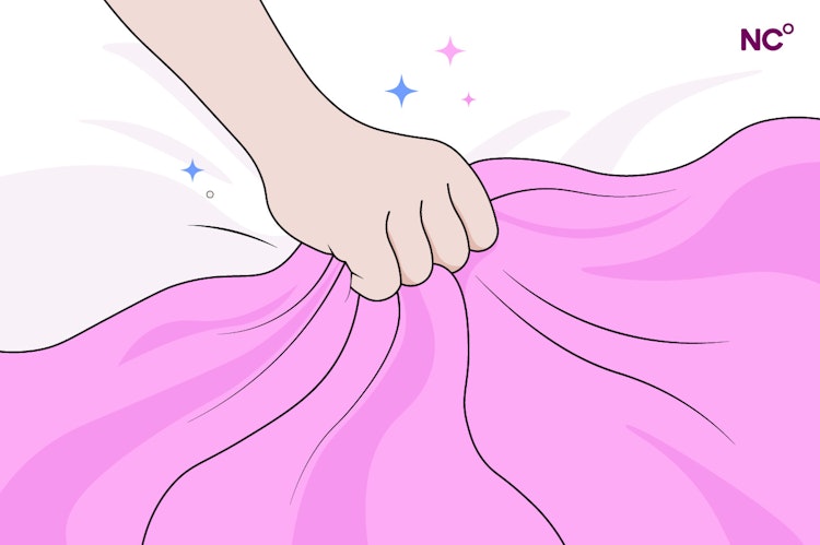Illustration of a hand grabbing pink sheets with stars surrounding it