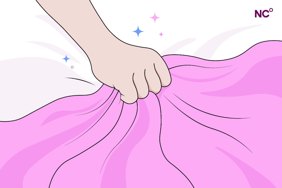 Illustration of a hand grabbing pink sheets with stars surrounding it