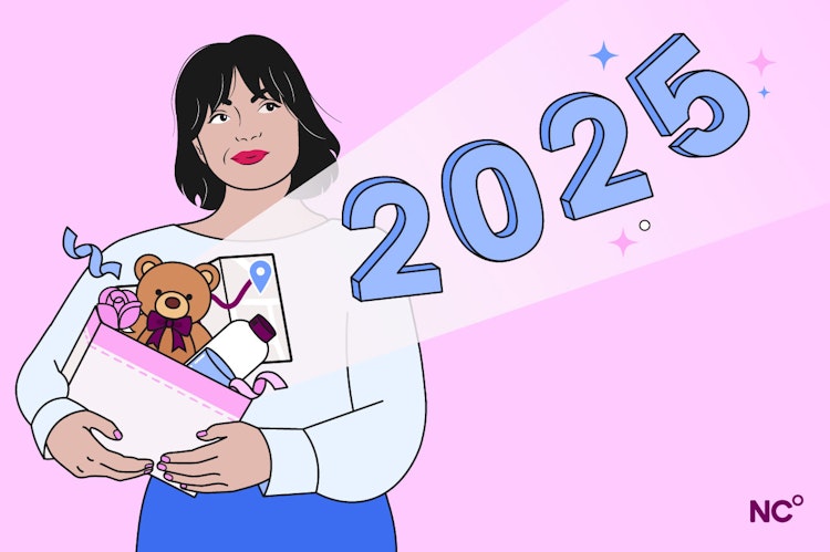 Illustration of a woman holding a box filled with goodies, projecting the numbers 2025