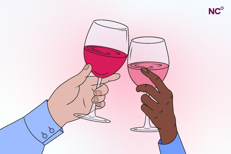 Illustration of two hands holding wine glasses clinking them together