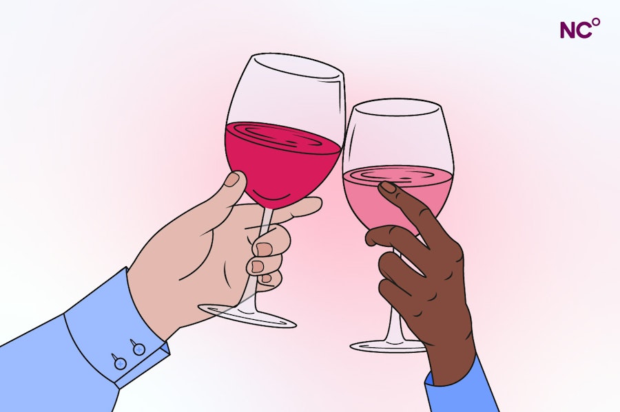 Illustration of two hands holding wine glasses clinking them together